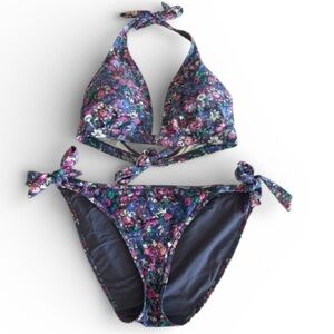 Floral Bikini Size Large With Adjustable Ties in Purple, Pink and Green GUC
